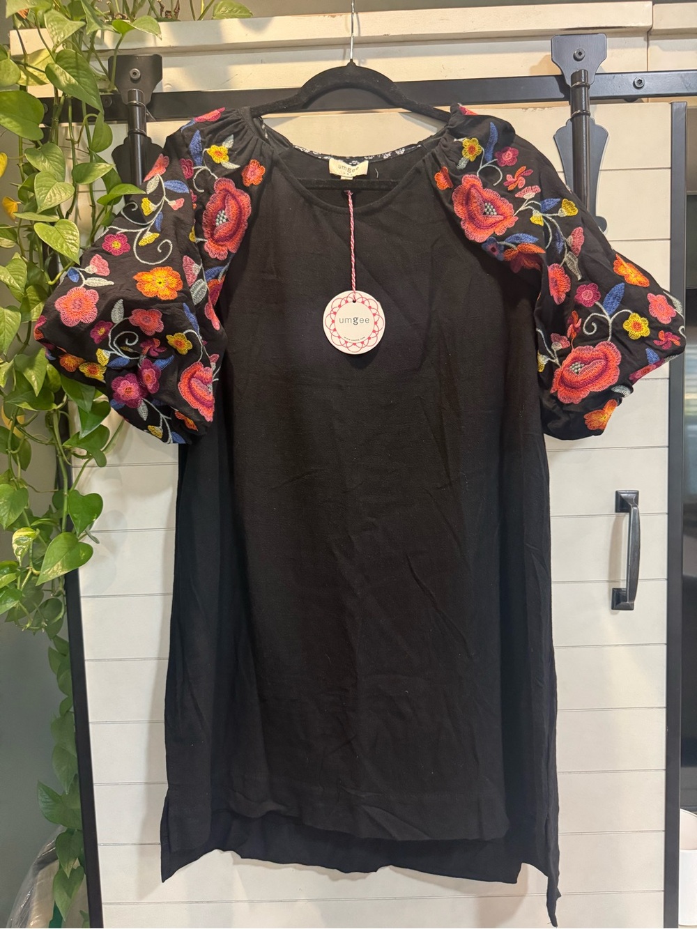Umgee Black Dress with Multicolor Floral Embroidered Puff Sleeves